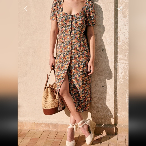 Sezane Victoria Midi Length Square Neckline Floral Print Dress - Picture 3 of 10